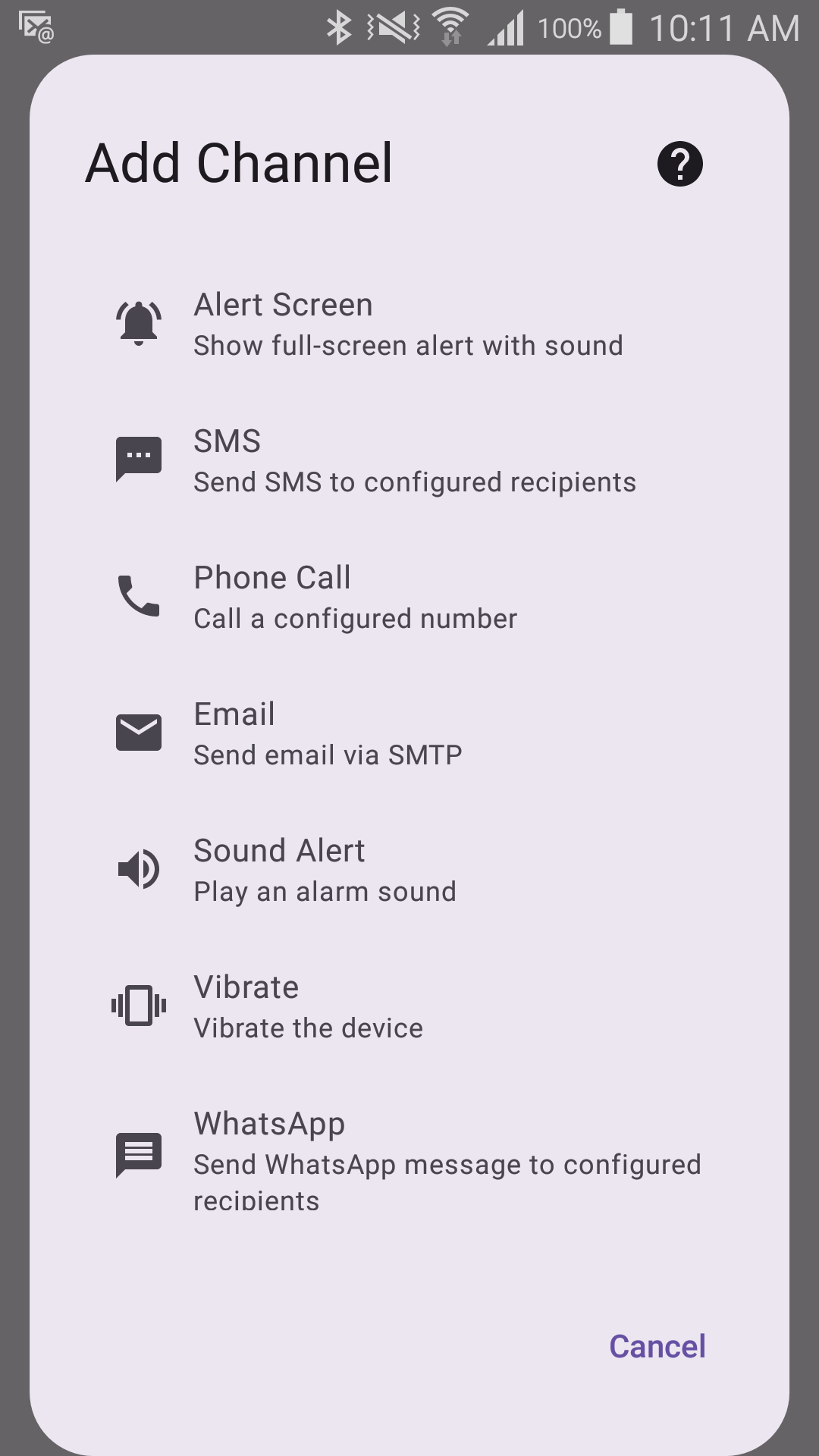 The Add Channel picker, showing all seven channel types