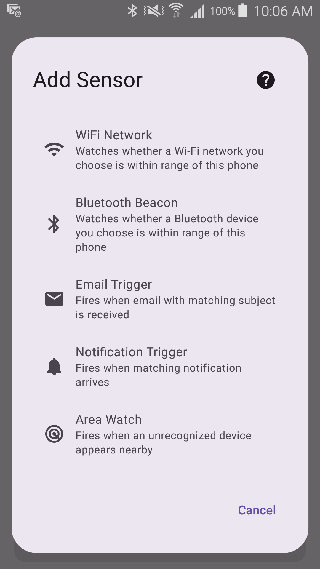 The Add Sensor picker, showing all five sensor types