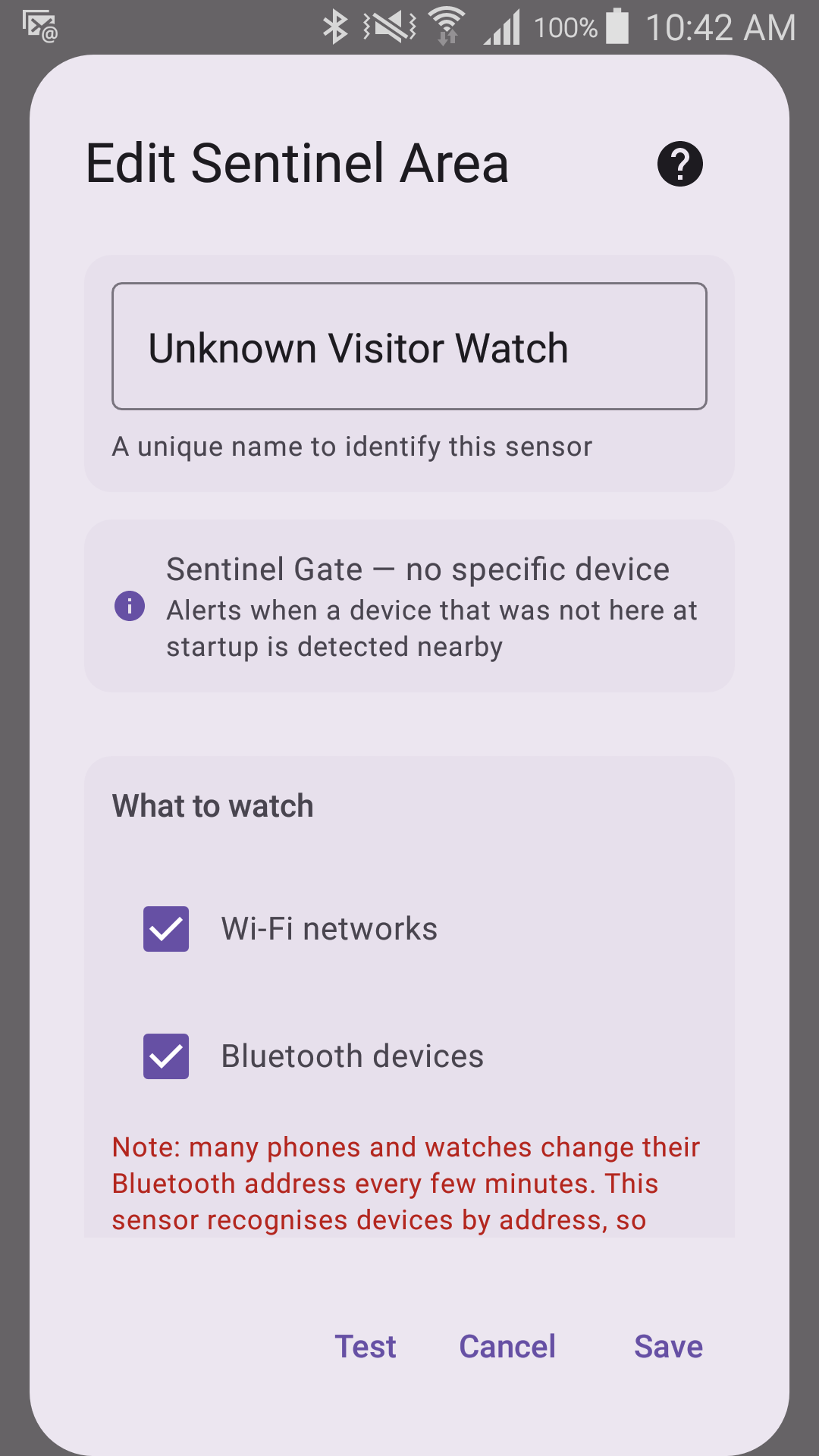 Edit Sentinel Area form named "Unknown Visitor Watch," showing radios to watch and the rotating-address note