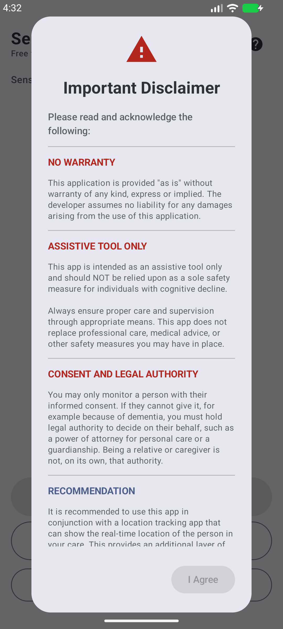 The Important Disclaimer dialog, with its No Warranty, Assistive Tool Only, and Consent and Legal Authority sections