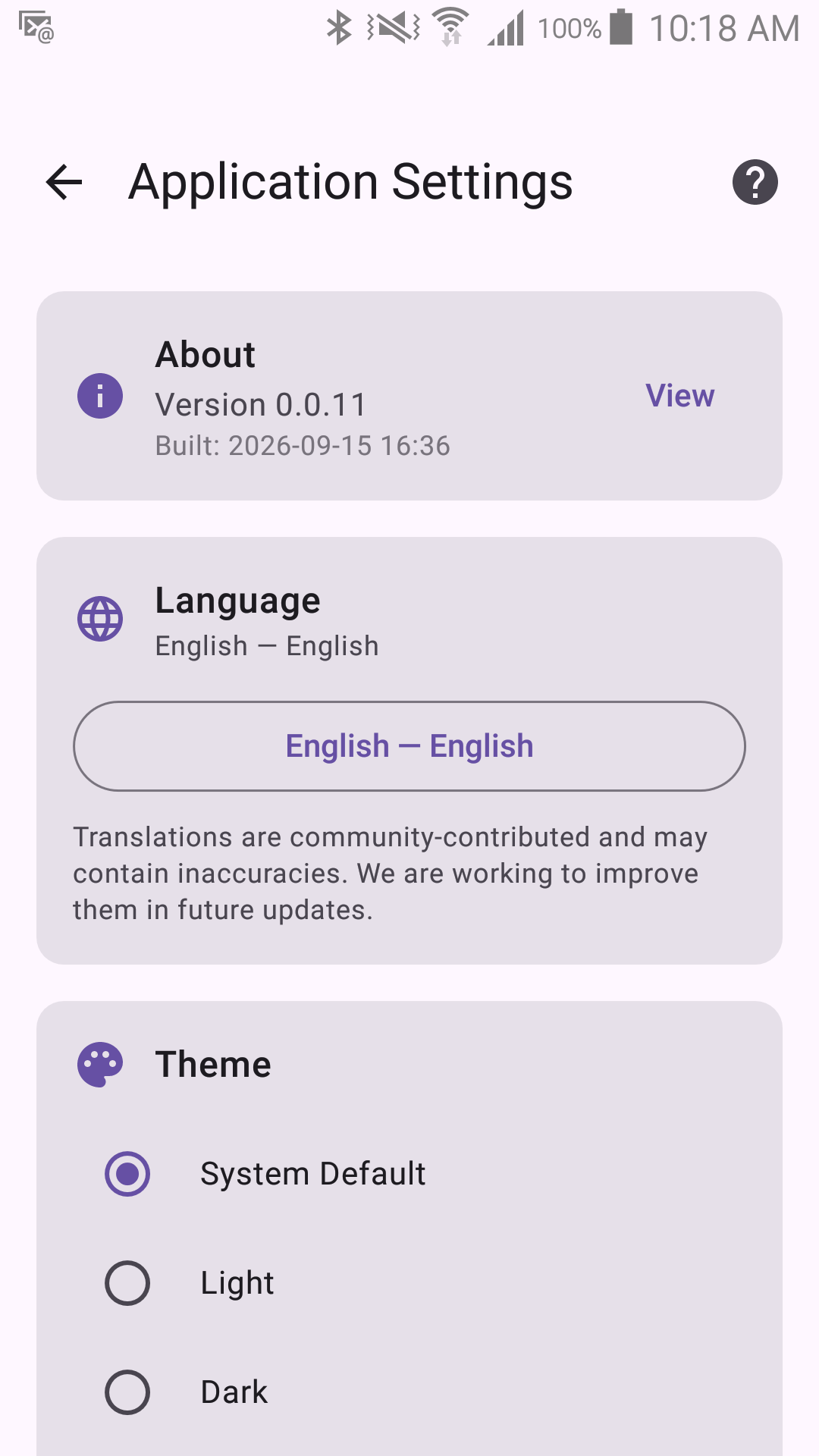 About, Language, and Theme sections in Application Settings