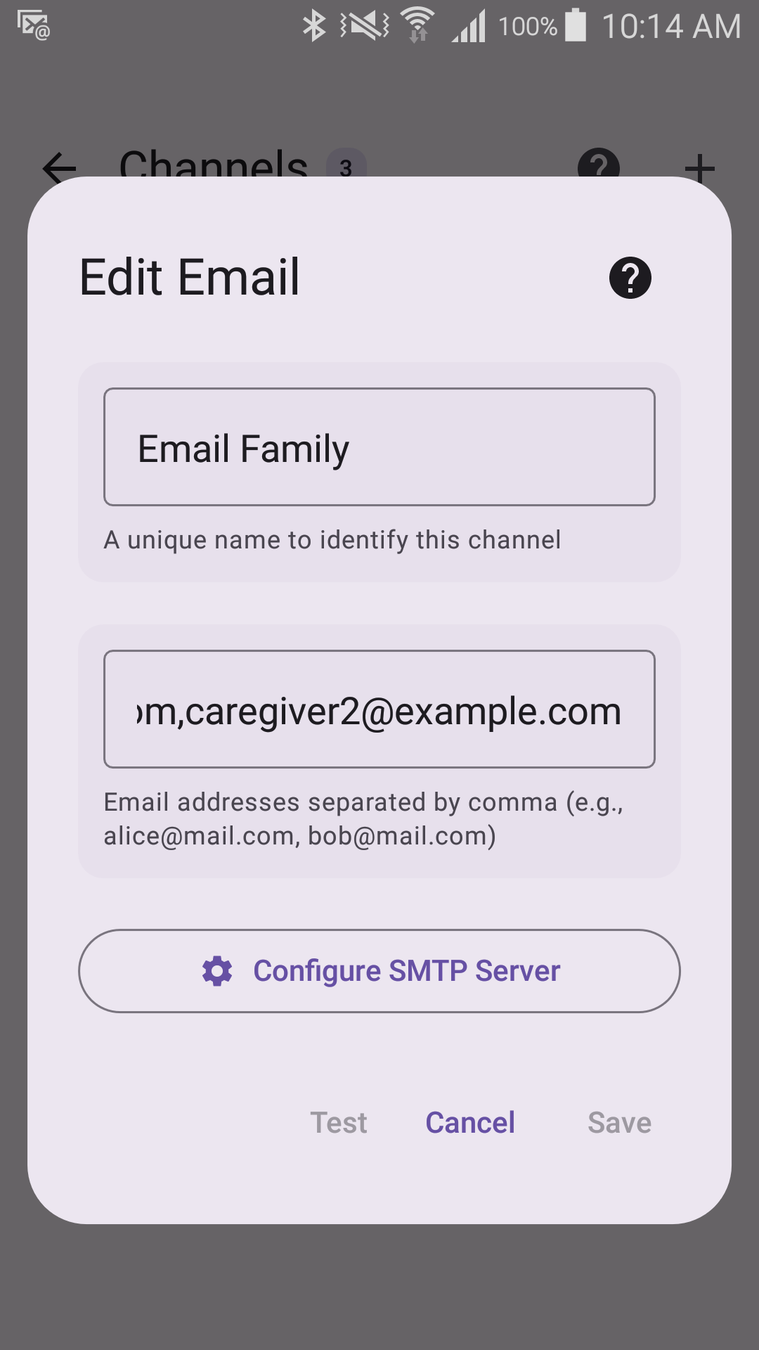 Edit Email channel form with placeholder recipients and a Configure SMTP Server button