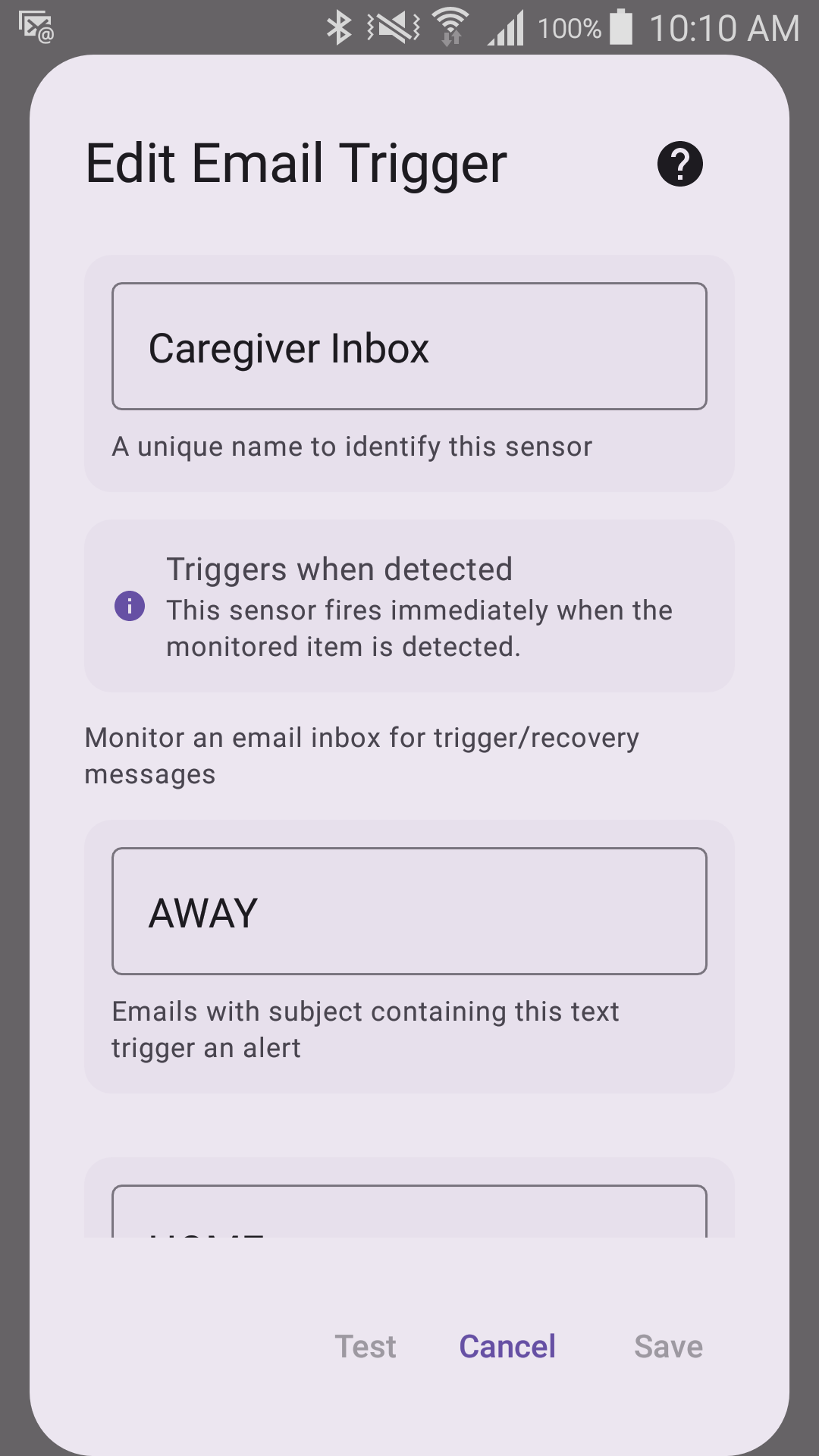 Edit Email Trigger form showing the AWAY/HOME subject keyword fields