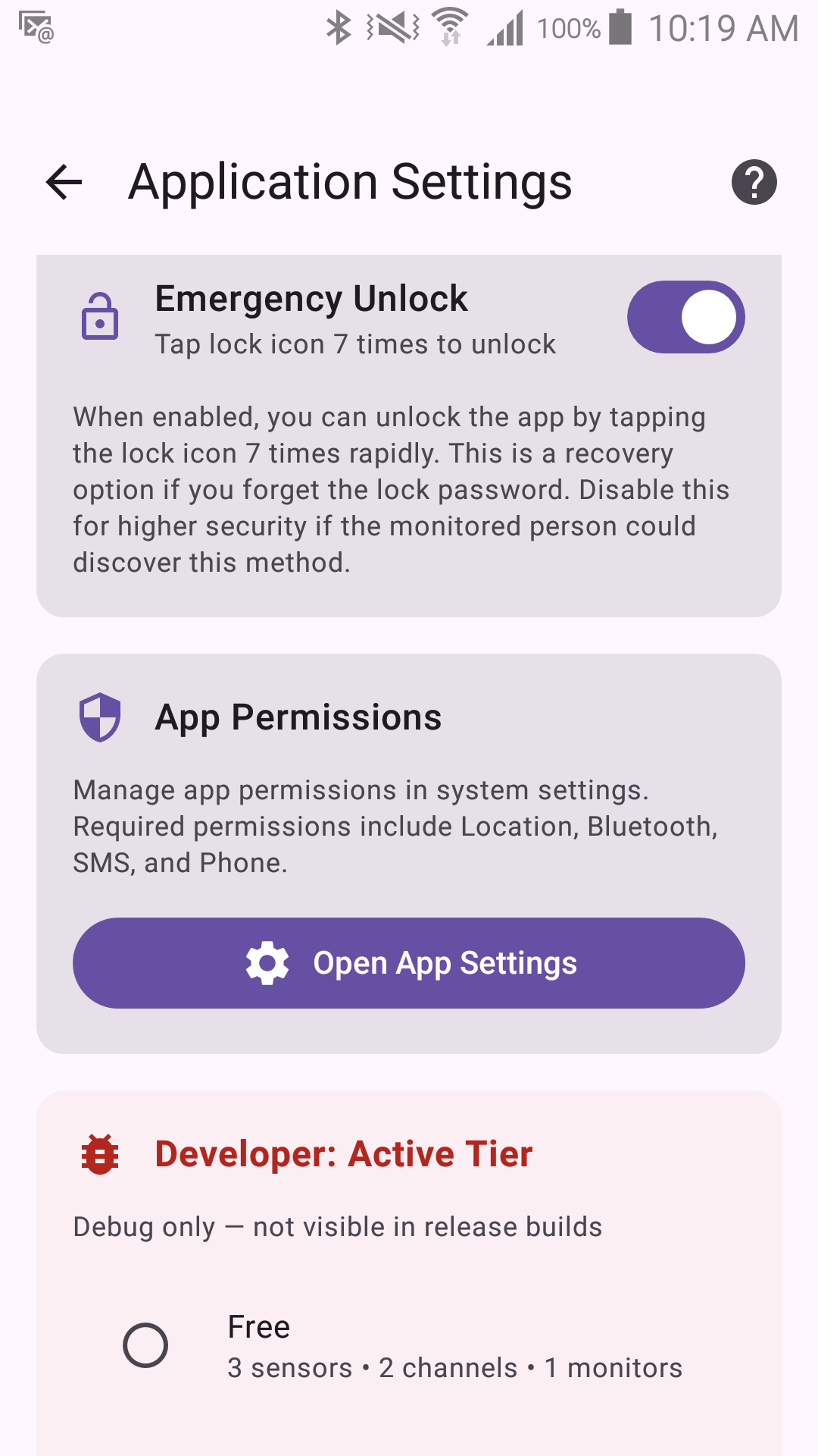 Emergency Unlock and App Permissions cards