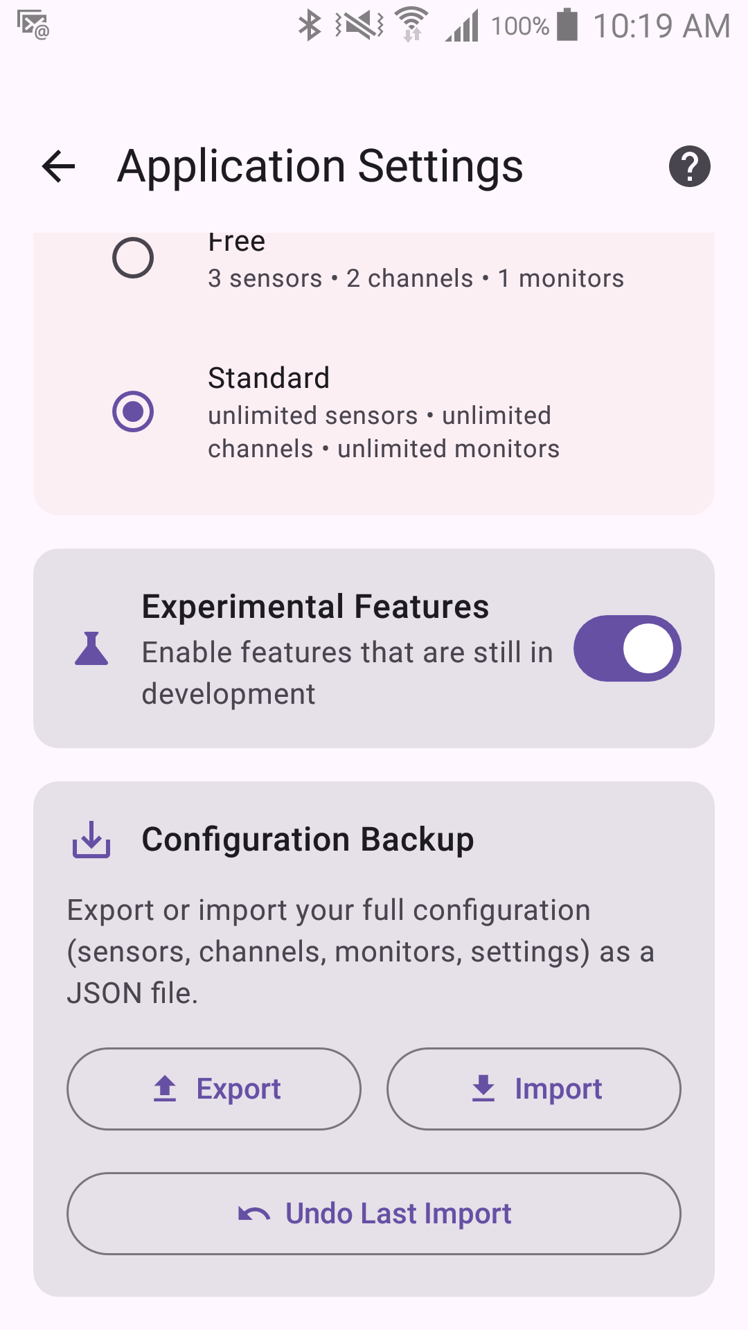 Experimental Features toggle and the Configuration Backup section