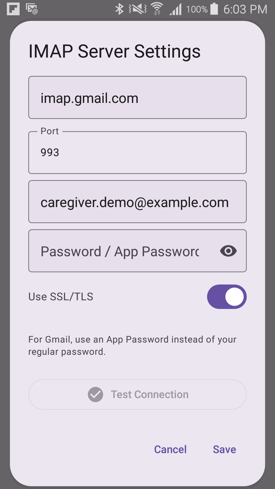 IMAP Server Settings dialog with host, port, username, and the App Password hint