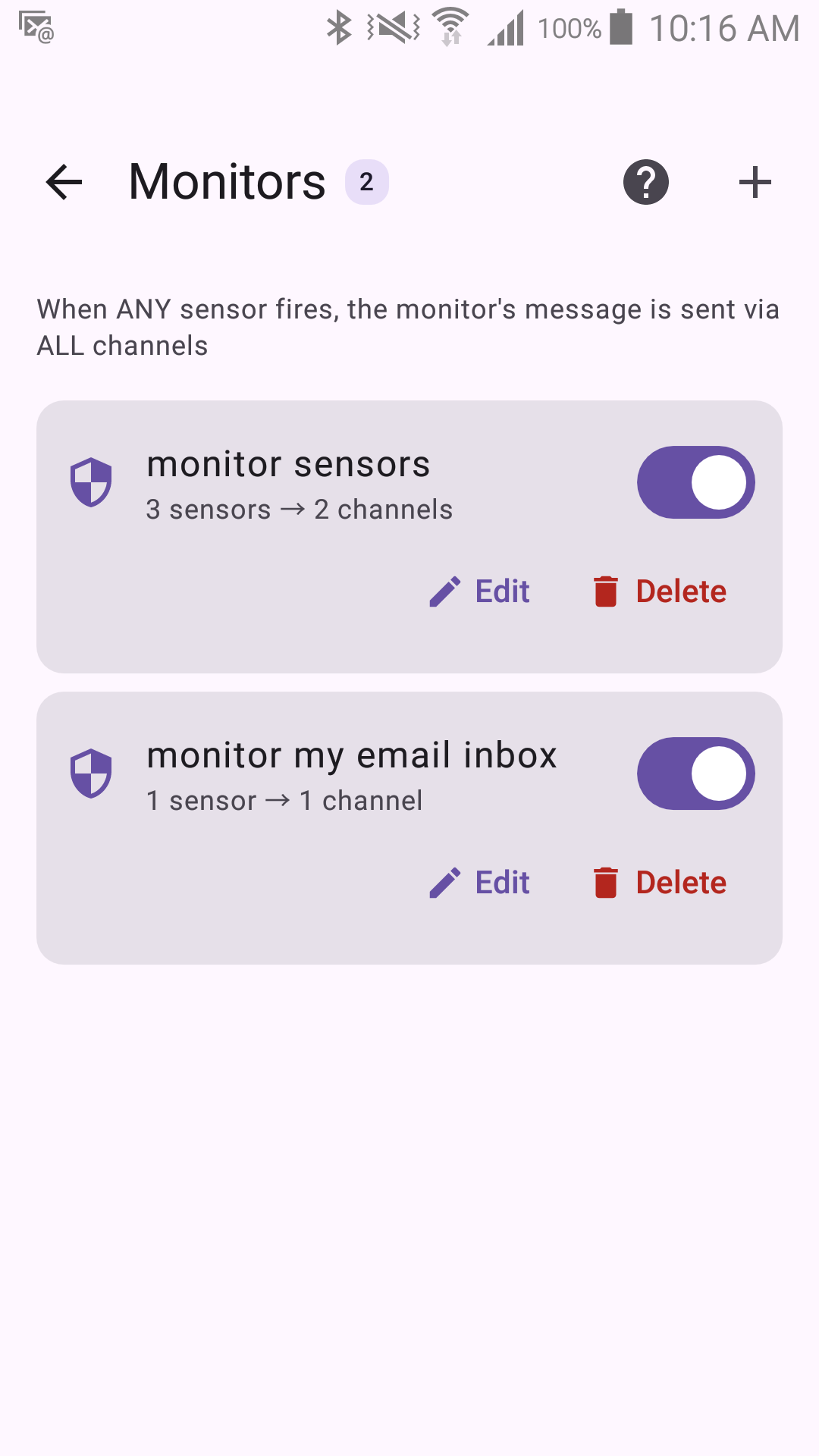 The Monitors list screen with two configured monitors