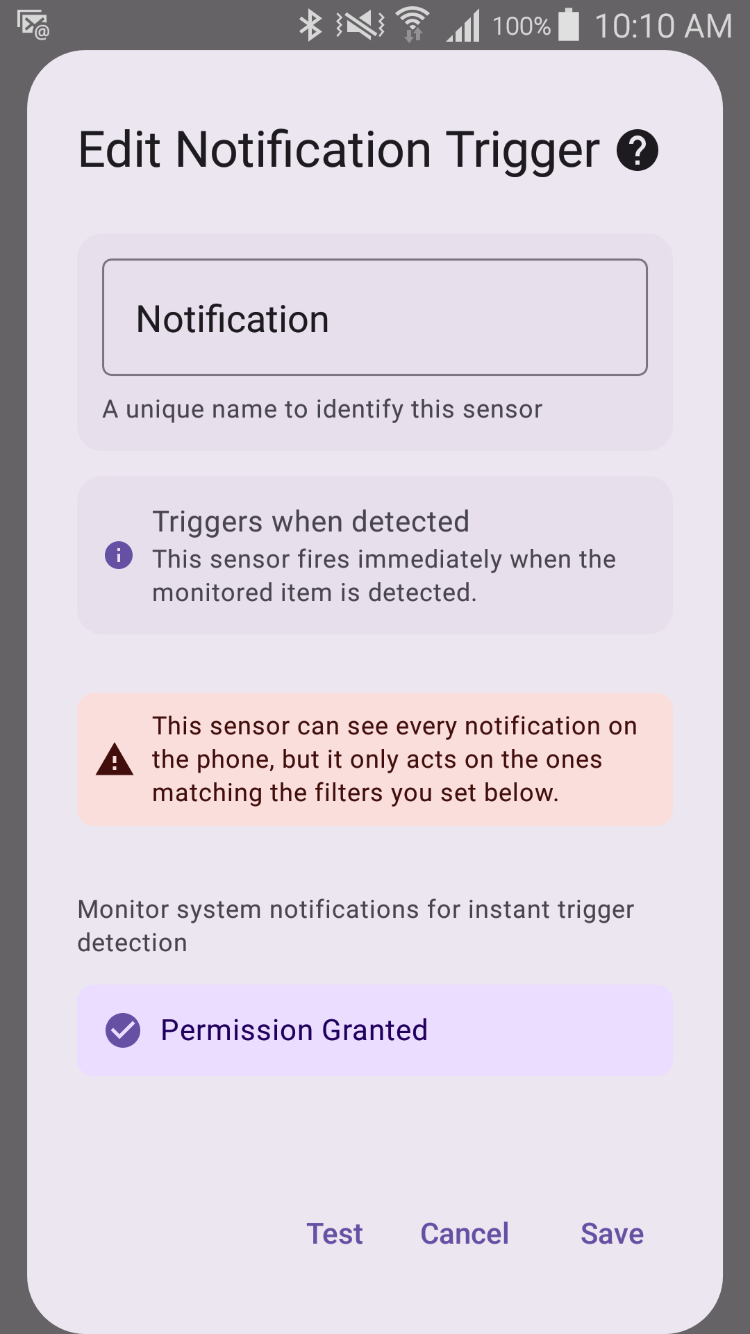Edit Notification Trigger form showing the privacy note and a Permission Granted indicator