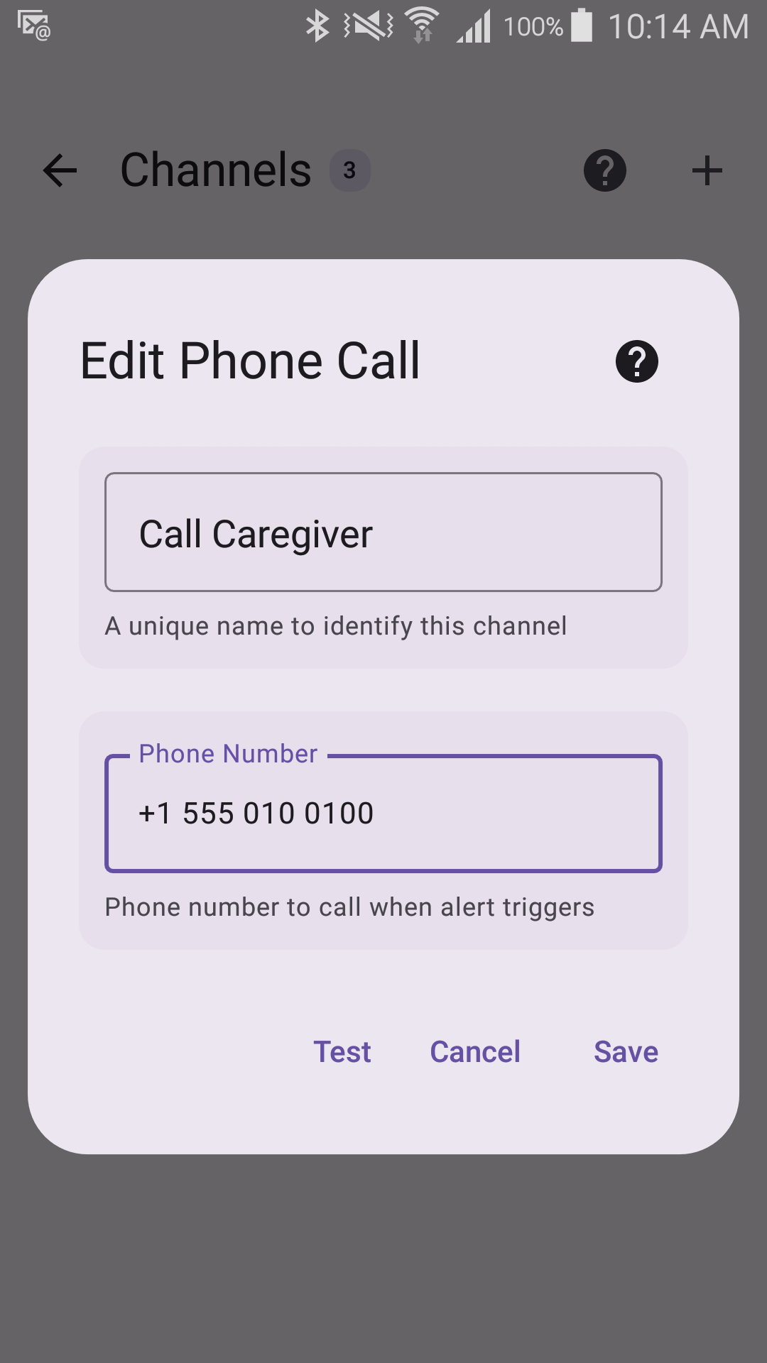 Edit Phone Call form with a placeholder number
