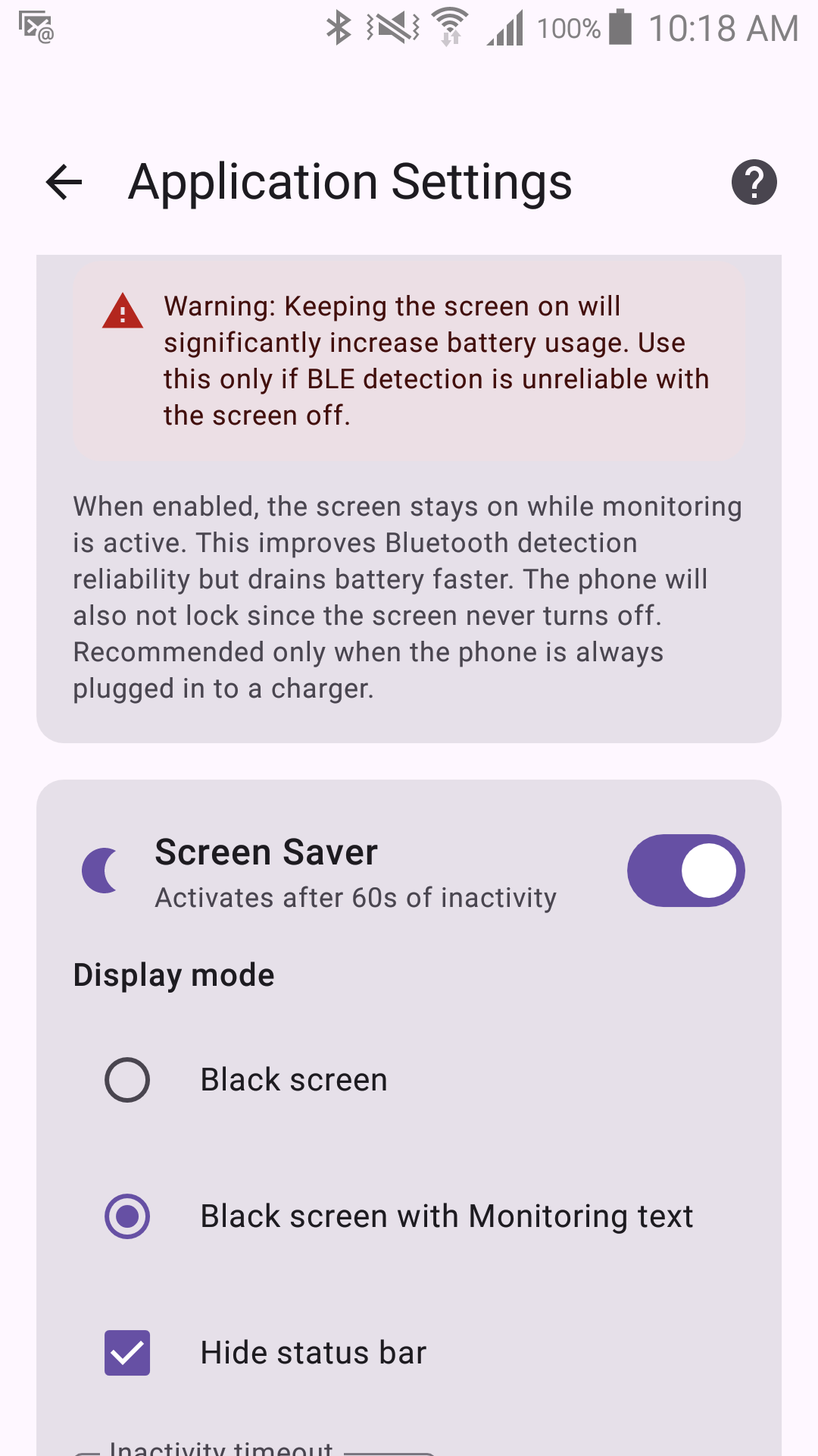 Screen Saver toggle and display mode options