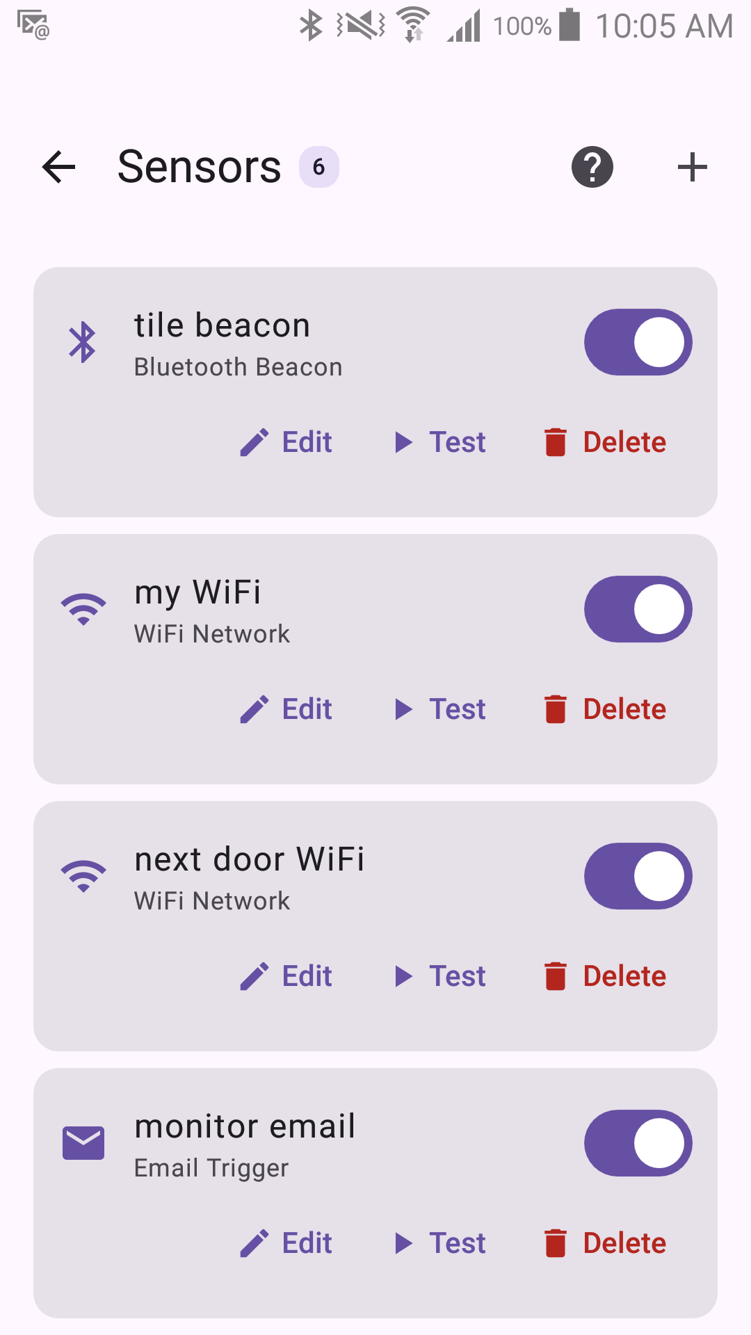 The Sensors list screen with several configured sensors