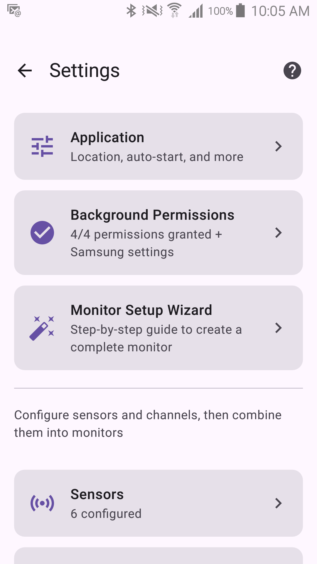 The main Settings screen