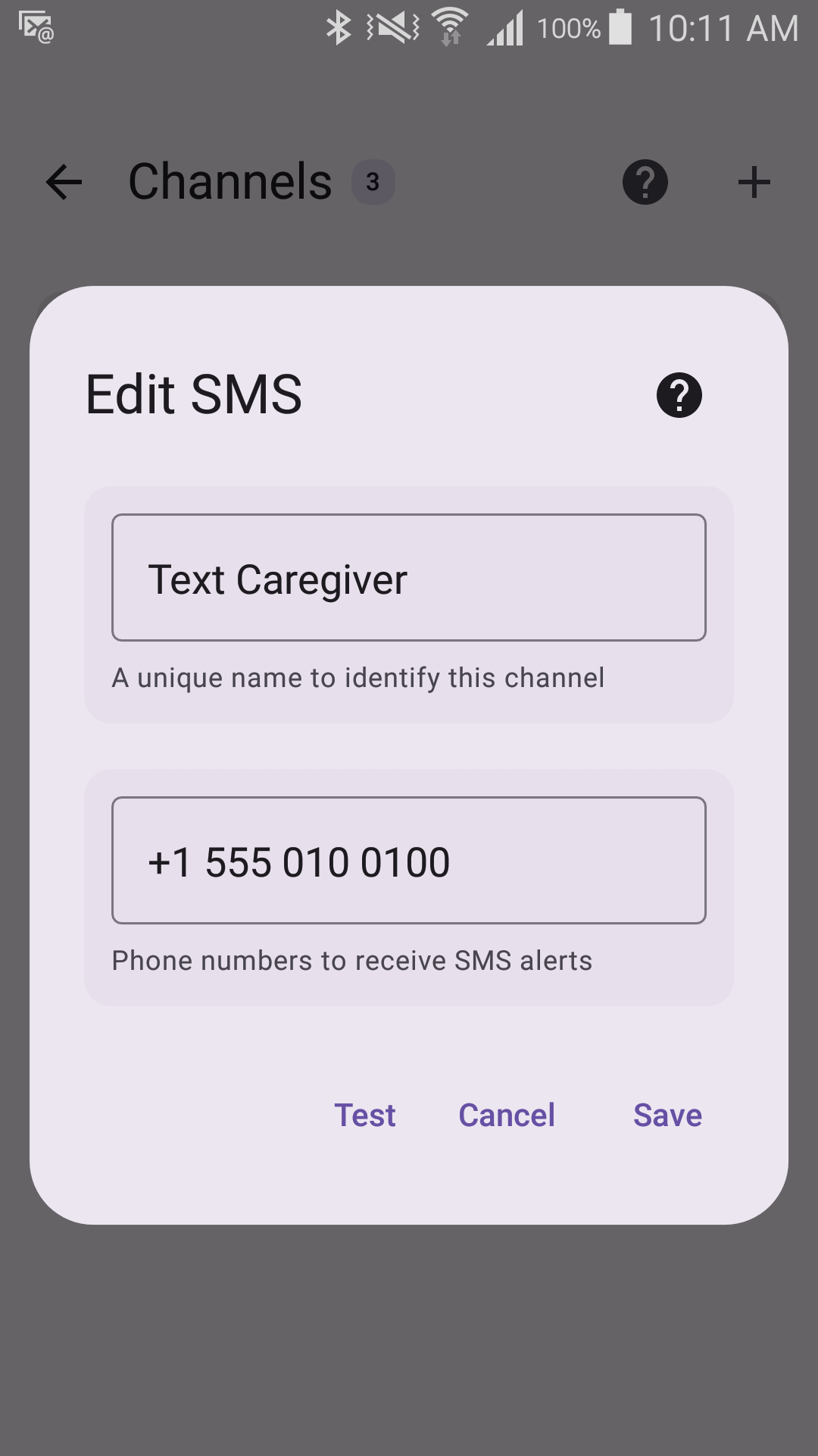 Edit SMS form with a placeholder recipient number