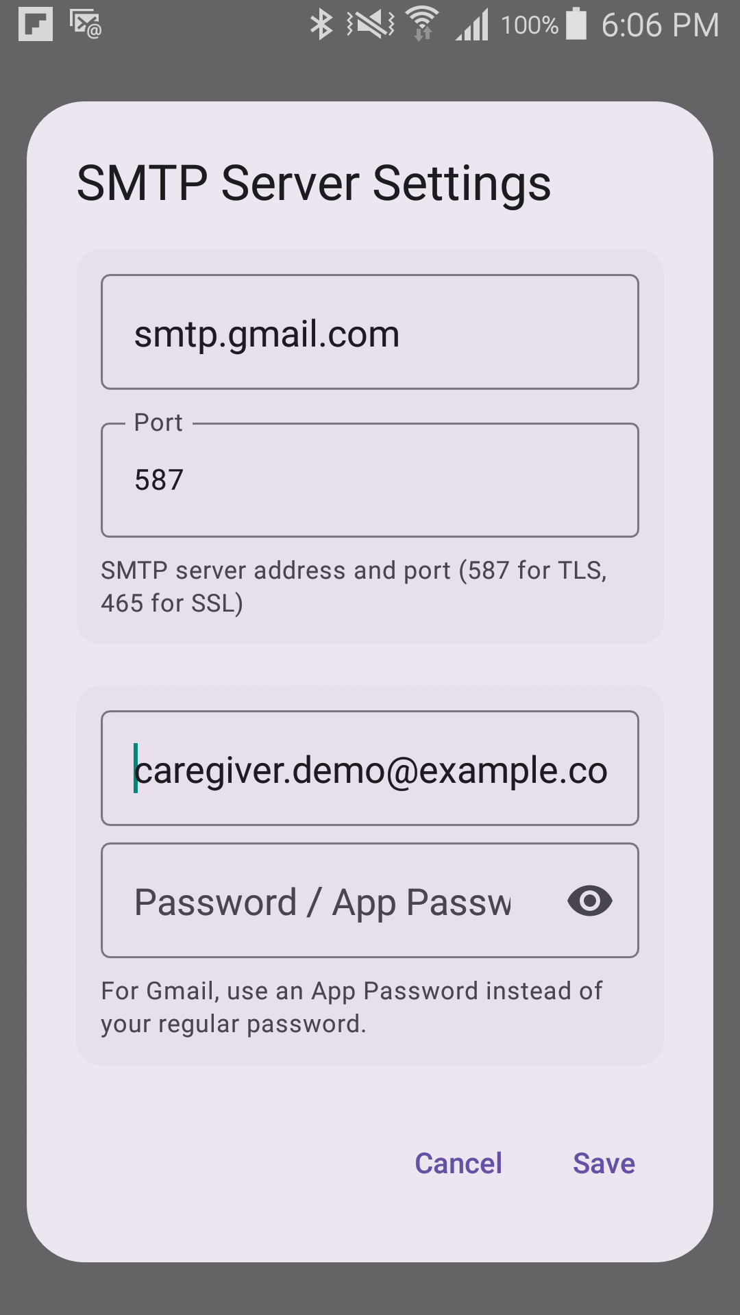 SMTP Server Settings dialog with host, port, username, and the App Password hint