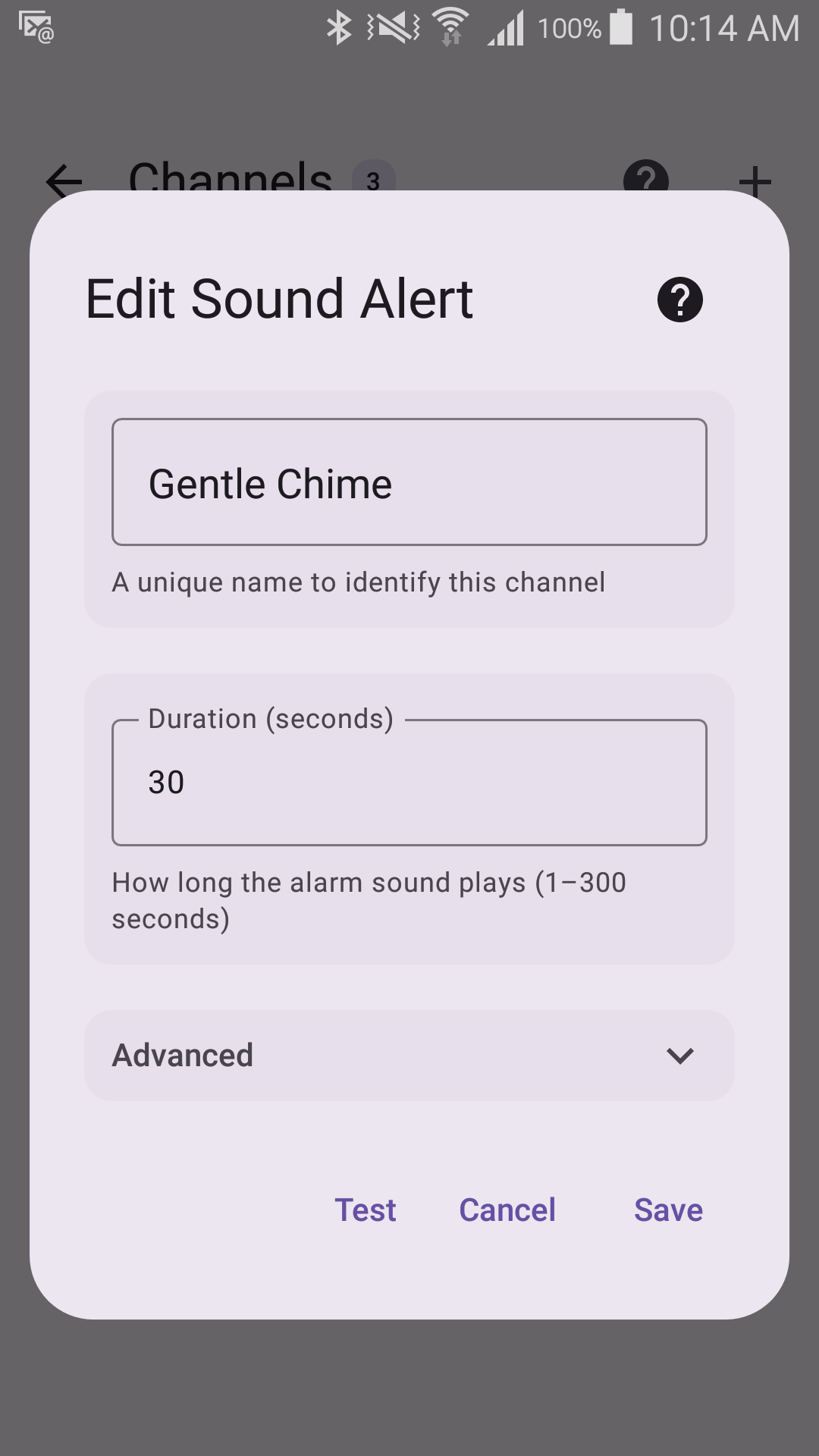 Edit Sound Alert form named "Gentle Chime" with a 30-second duration