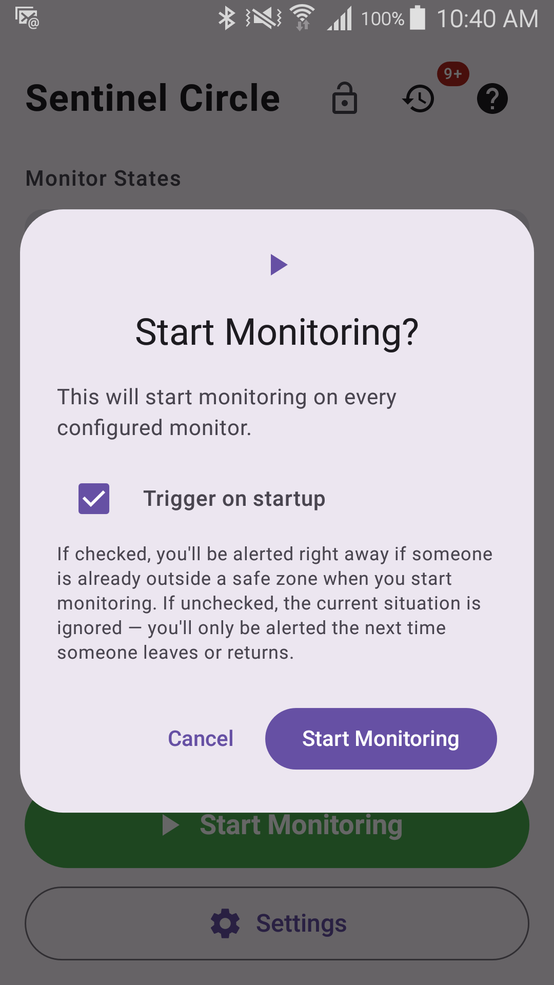 The Start Monitoring confirmation dialog, with the "Trigger on startup" option