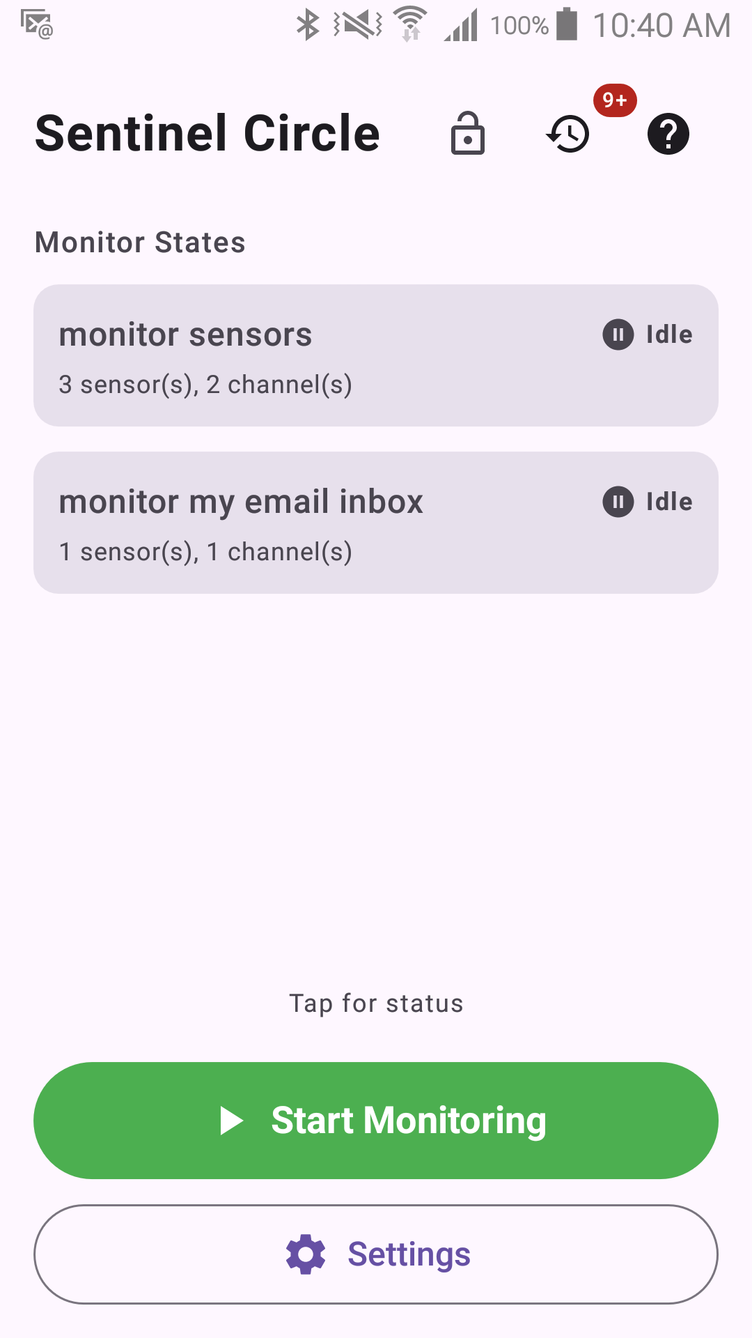 The Status screen while monitoring is idle
