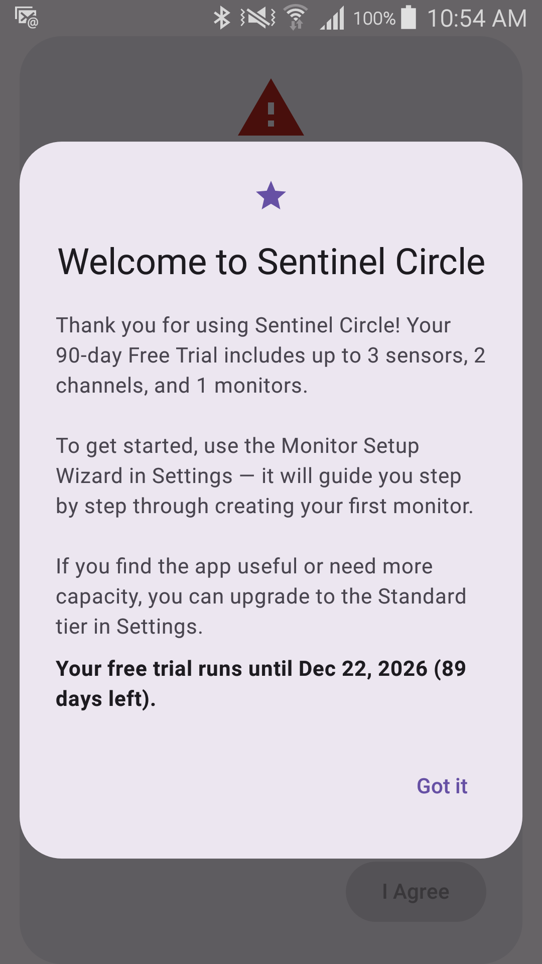 The Status screen showing the "Free to try — 2 days left" badge, and the welcome dialog stating the trial's expiry date