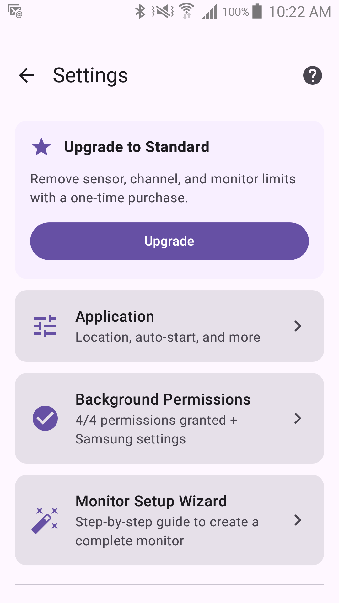 The "Upgrade to Standard" card at the top of Settings on the Free tier