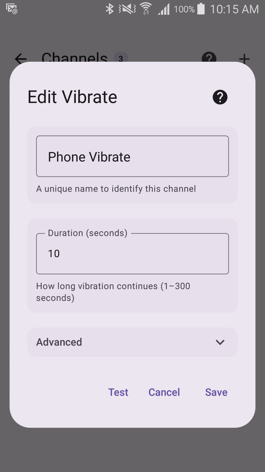 Edit Vibrate form named "Phone Vibrate" with a 10-second duration