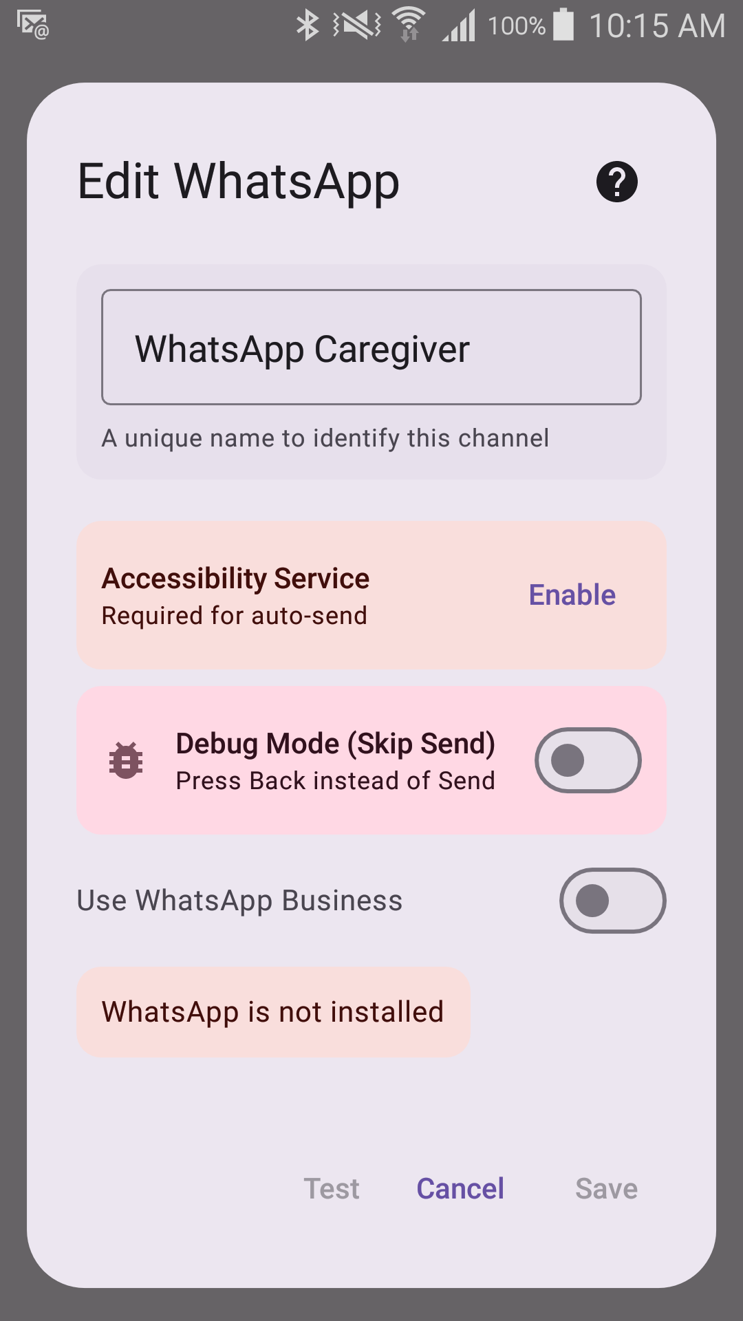 Edit WhatsApp form showing the Accessibility Service requirement