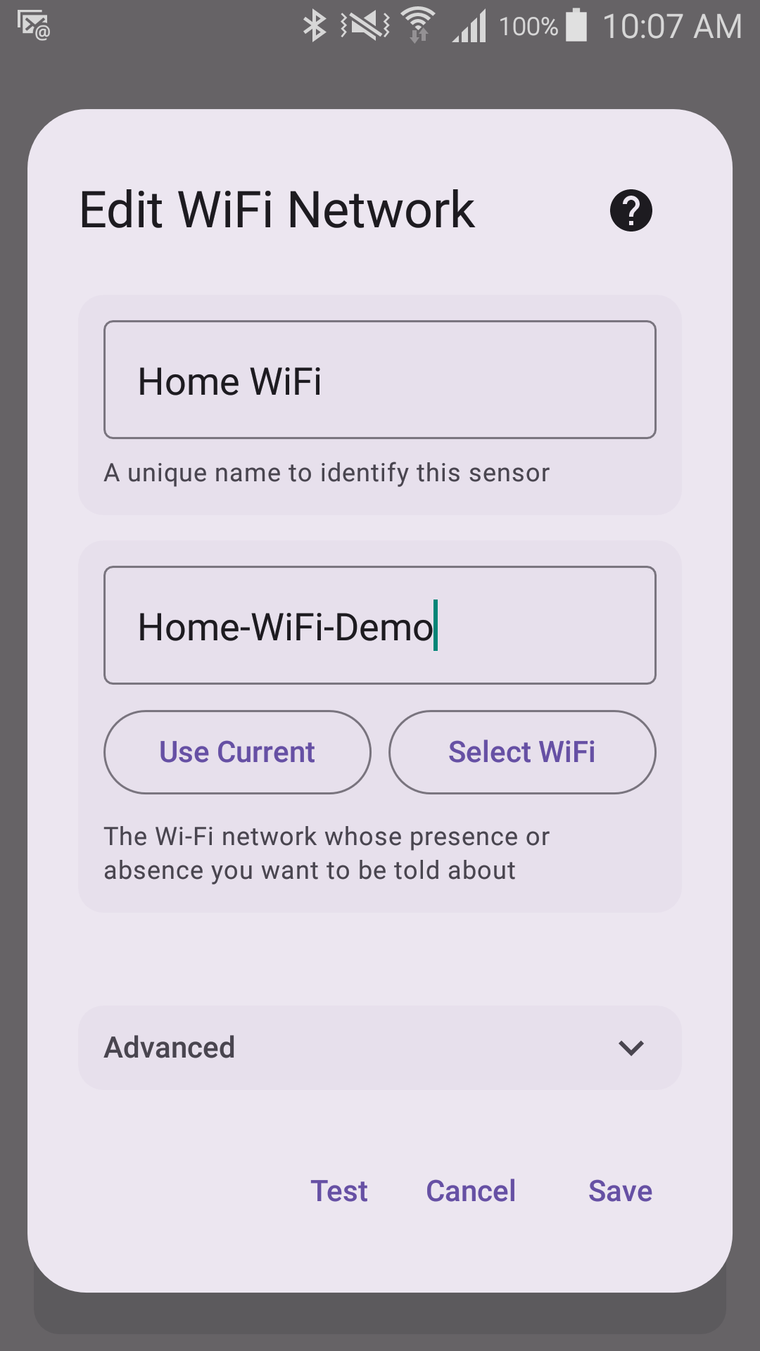 Edit WiFi Network form with a demo network name and SSID filled in